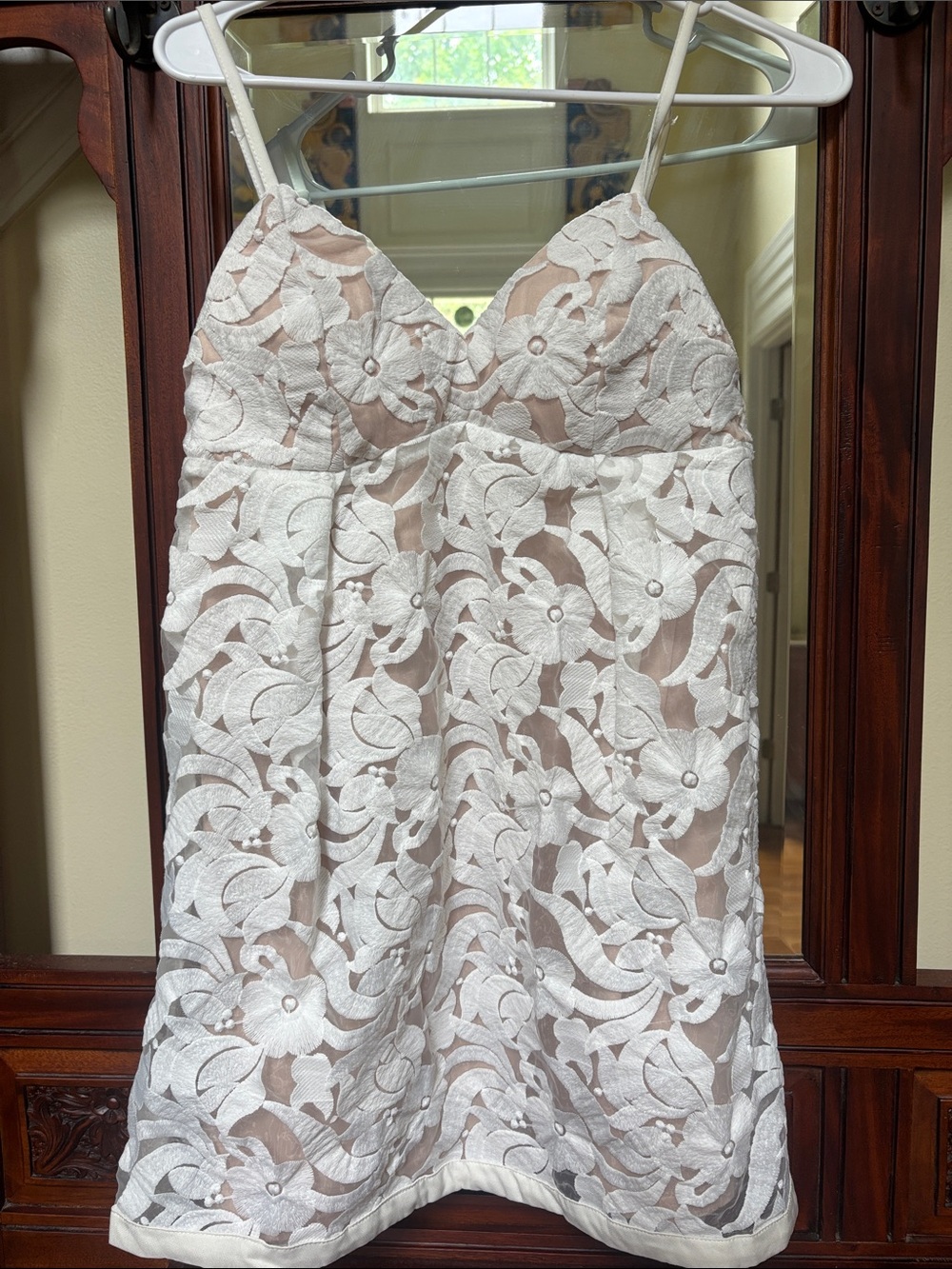 Angel Biba White Floral Lace Mini Dress with Nude Lining